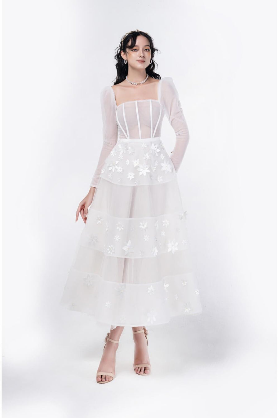 Jacqueline Fit and Flare Square Neck Organza Midi Dress 18