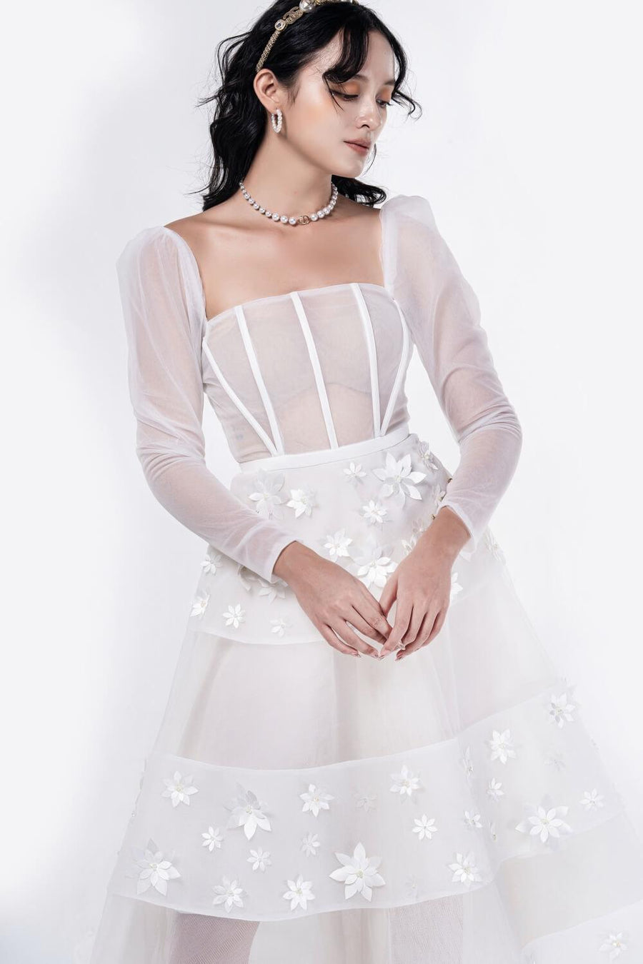 Jacqueline Fit and Flare Square Neck Organza Midi Dress 20