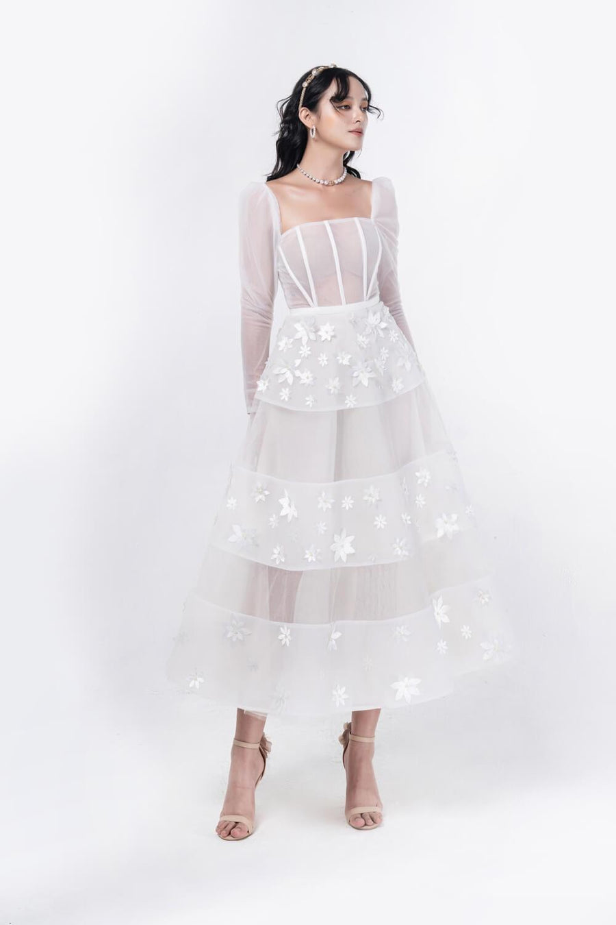Jacqueline Fit and Flare Square Neck Organza Midi Dress 22