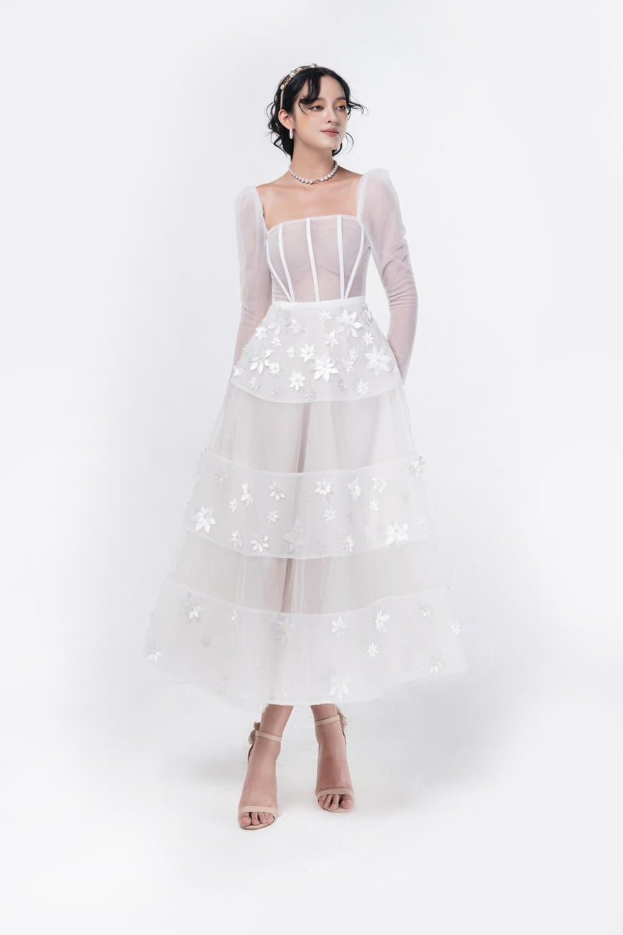 Jacqueline Fit and Flare Square Neck Organza Midi Dress 23