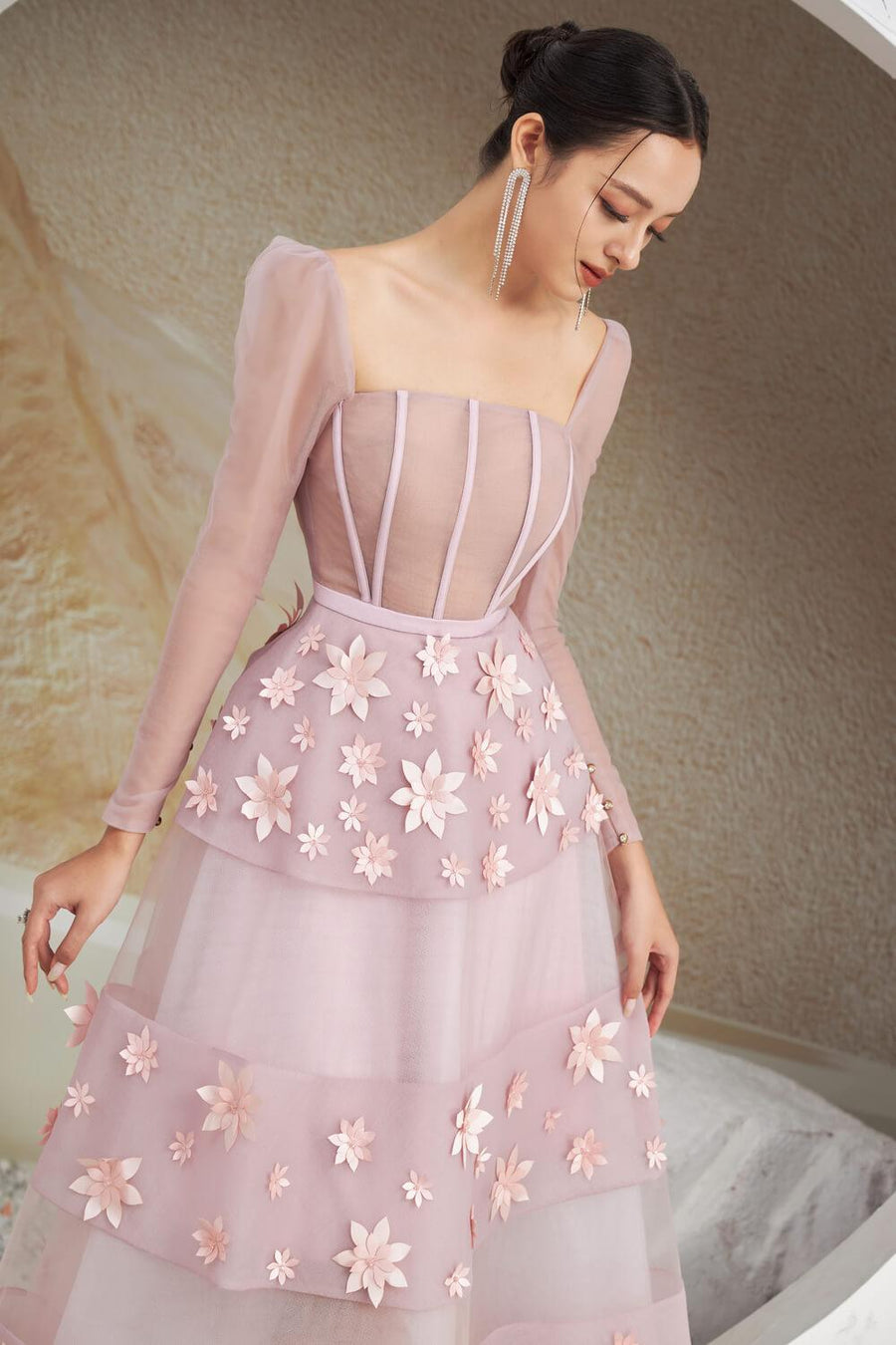 Jacqueline Fit and Flare Square Neck Organza Midi Dress 25