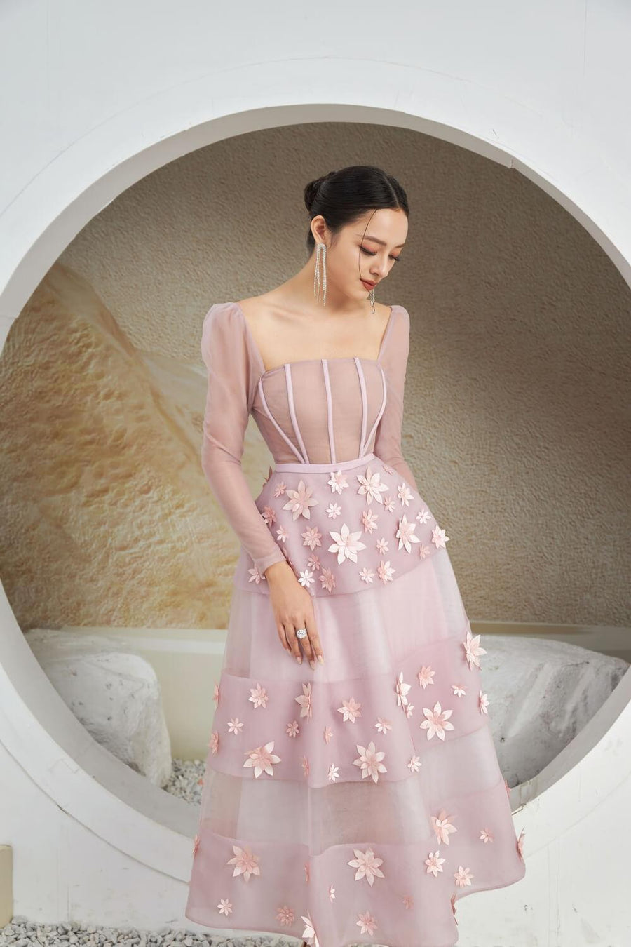 Jacqueline Fit and Flare Square Neck Organza Midi Dress 26
