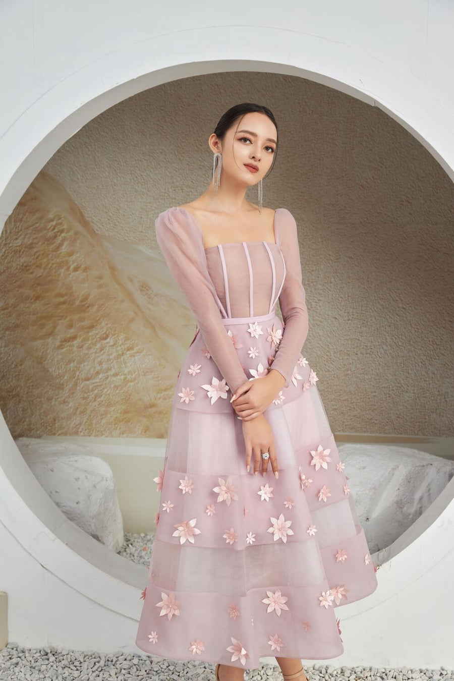 Jacqueline Fit and Flare Square Neck Organza Midi Dress 27