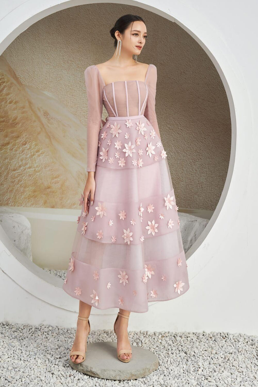 Jacqueline Fit and Flare Square Neck Organza Midi Dress 28