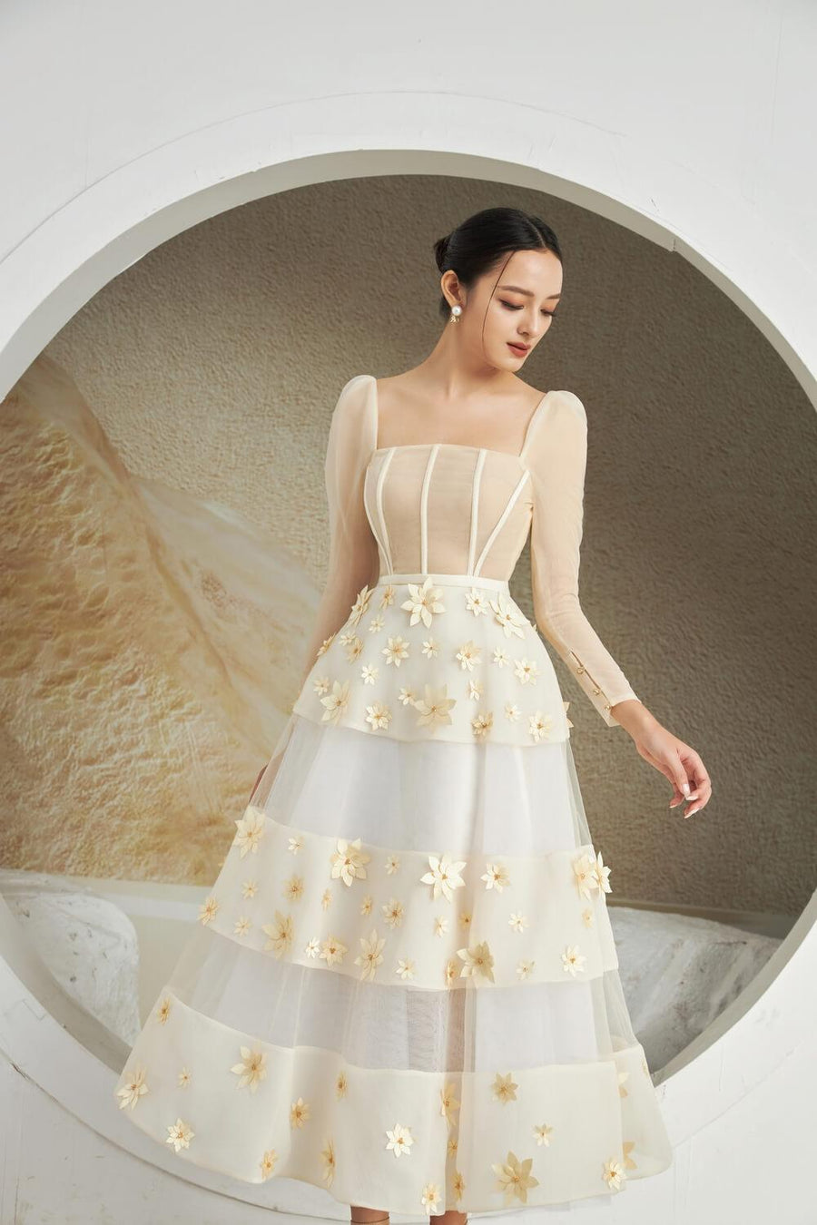 Jacqueline Fit and Flare Square Neck Organza Midi Dress 3