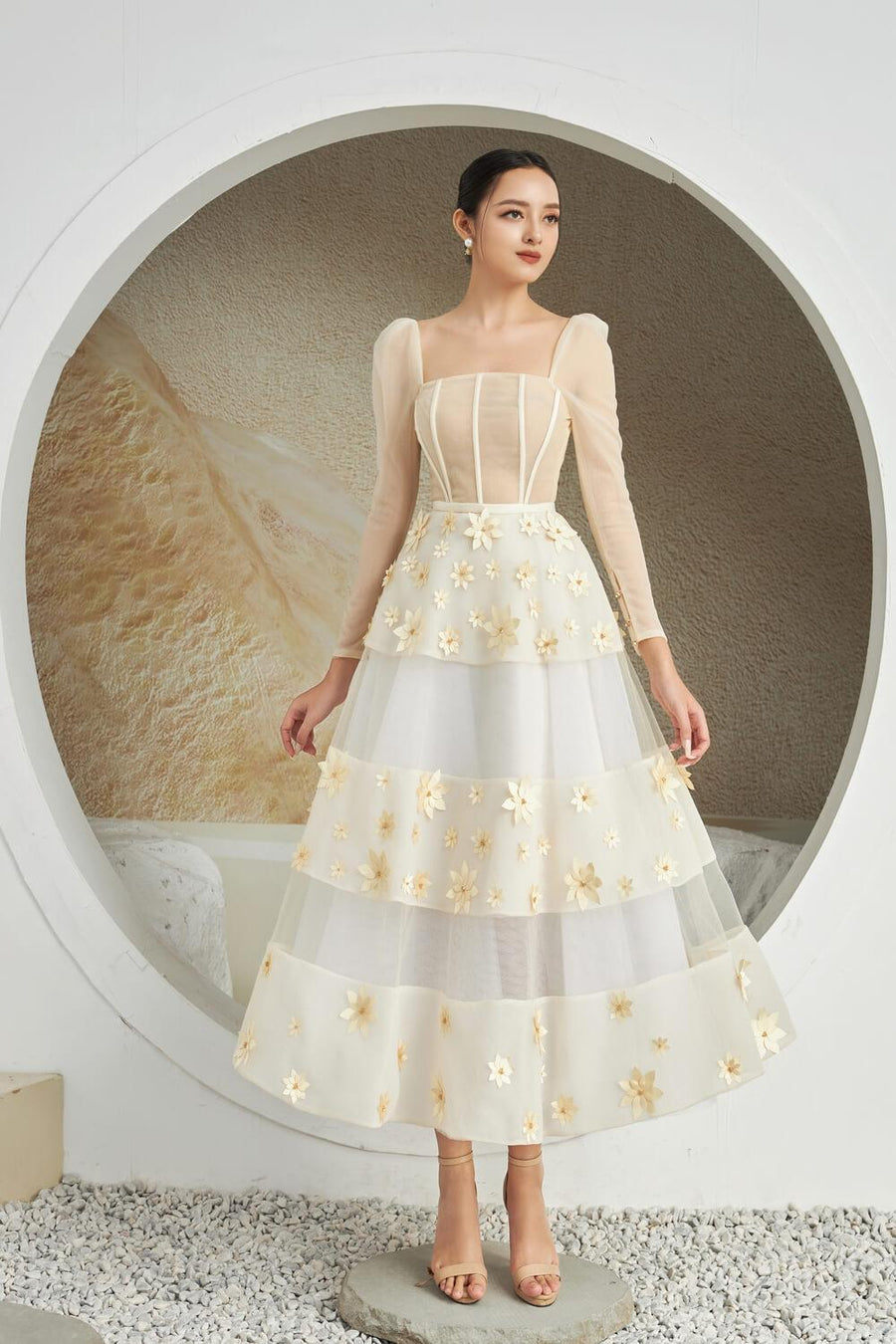 Jacqueline Fit and Flare Square Neck Organza Midi Dress 5