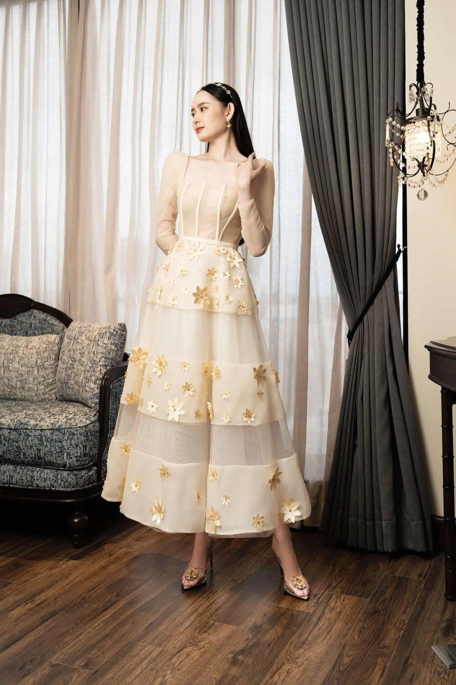 Jacqueline Fit and Flare Square Neck Organza Midi Dress 6