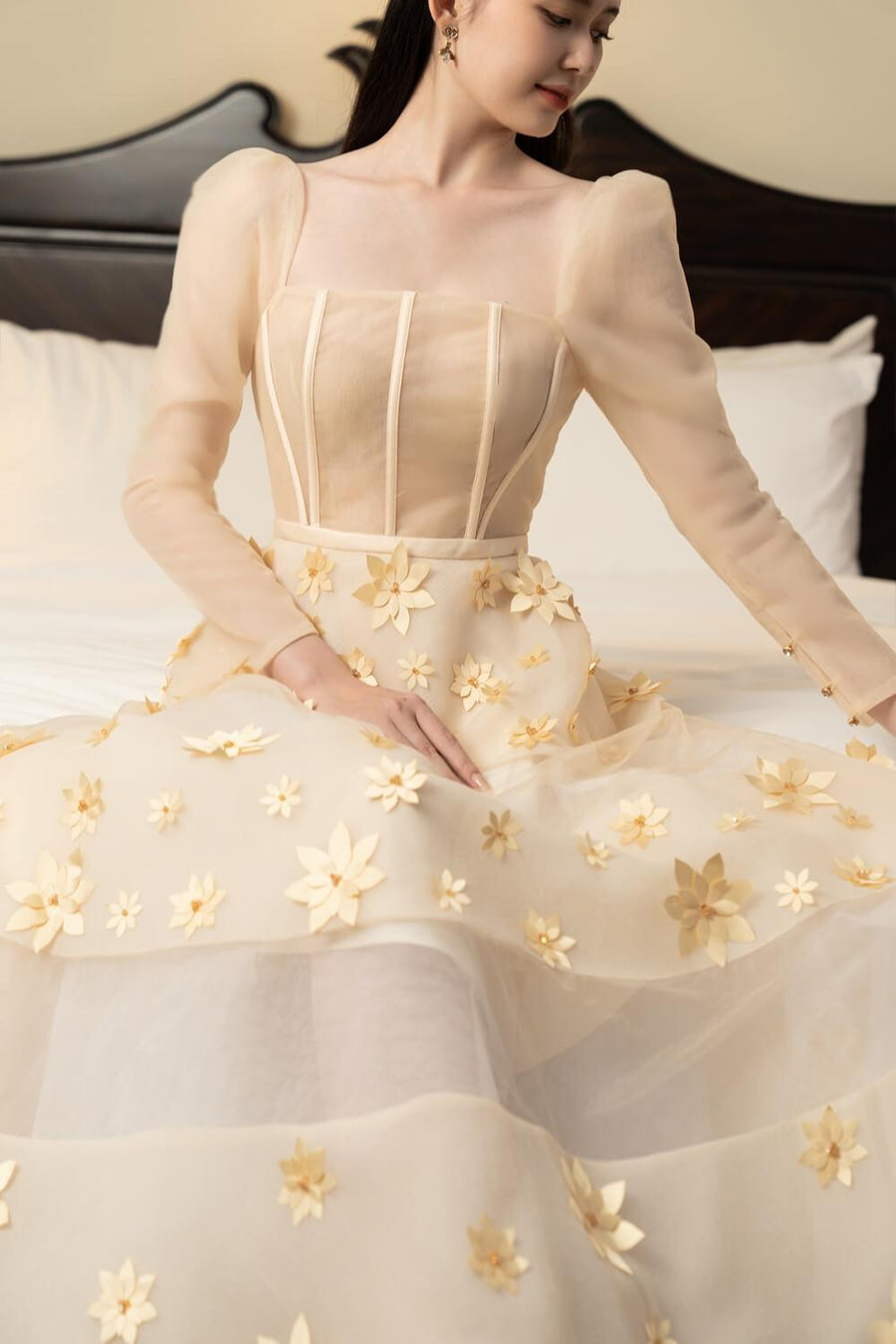 Jacqueline Fit and Flare Square Neck Organza Midi Dress 8