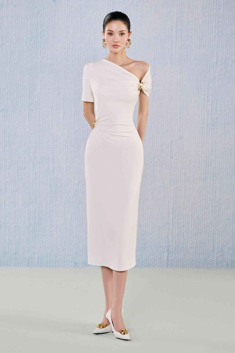 Jade Sheath Asymmetric Neck Viscose Midi Dress