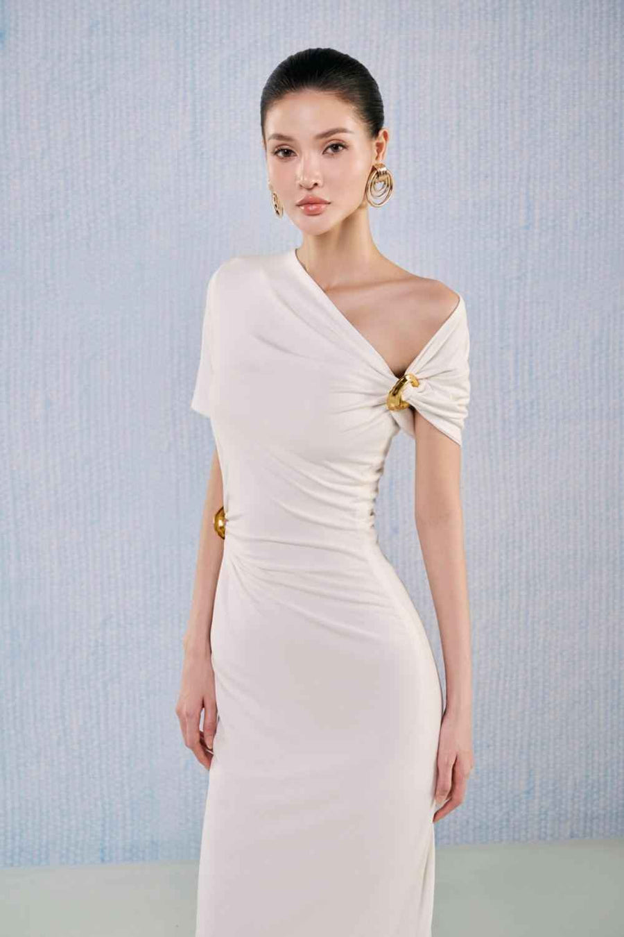 Jade Sheath Asymmetric Neck Viscose Midi Dress