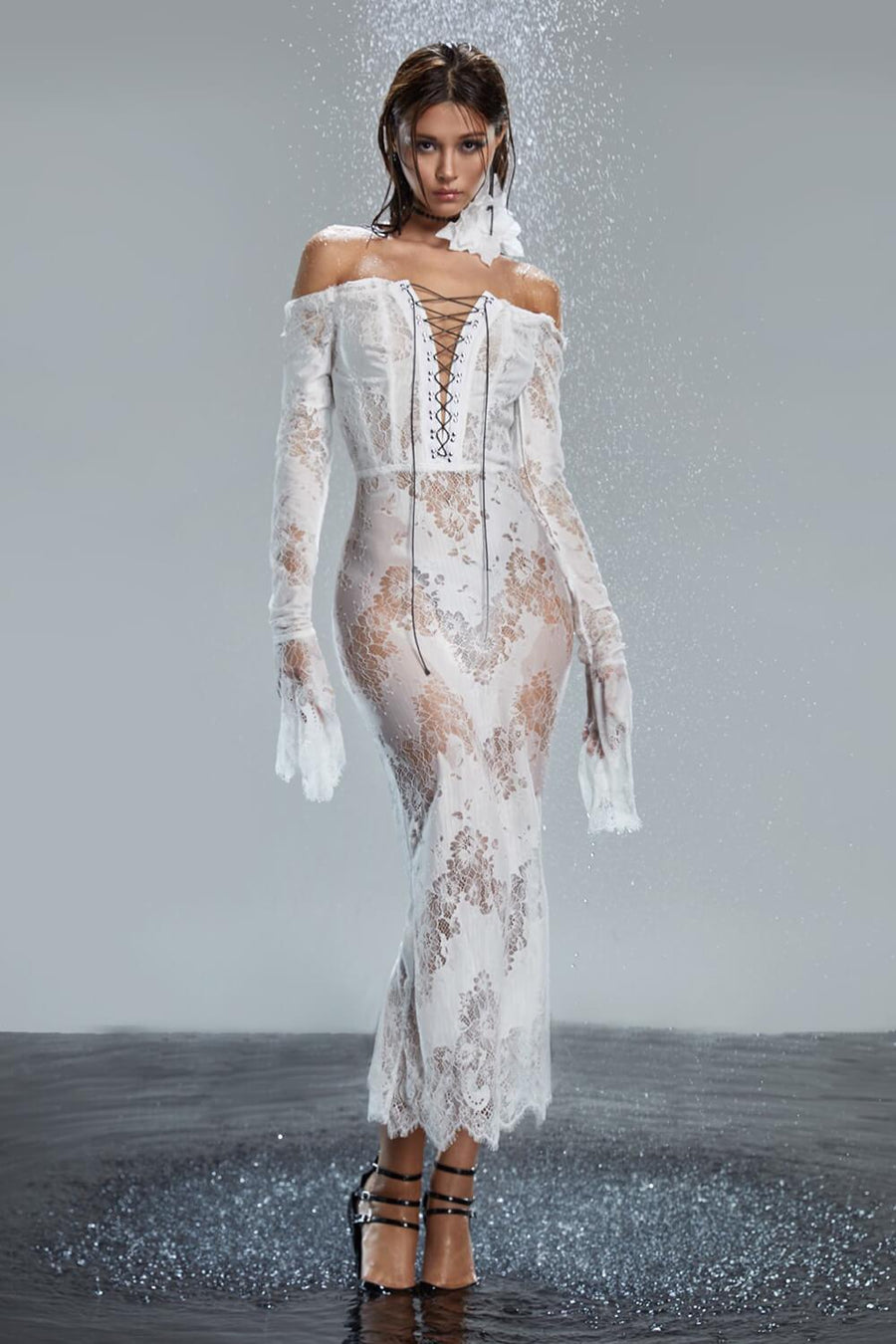 Jasmine Mermaid Off-Shoulder Lace Midi Dress Midi Dress LASSY