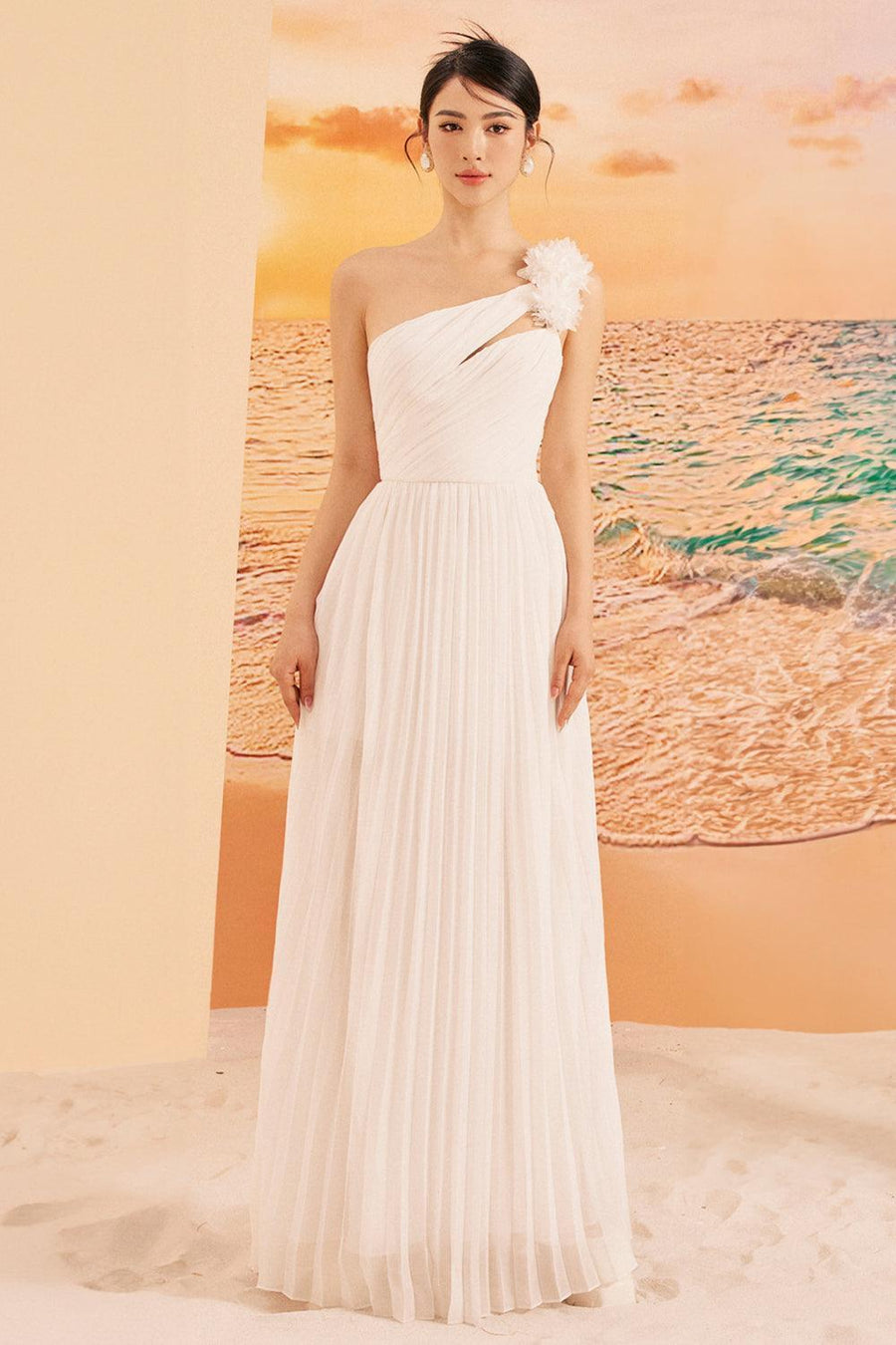 Jaylee Pleated Asymmetric Shoulder Chiffon Maxi Dress Maxi Dress 21Six
