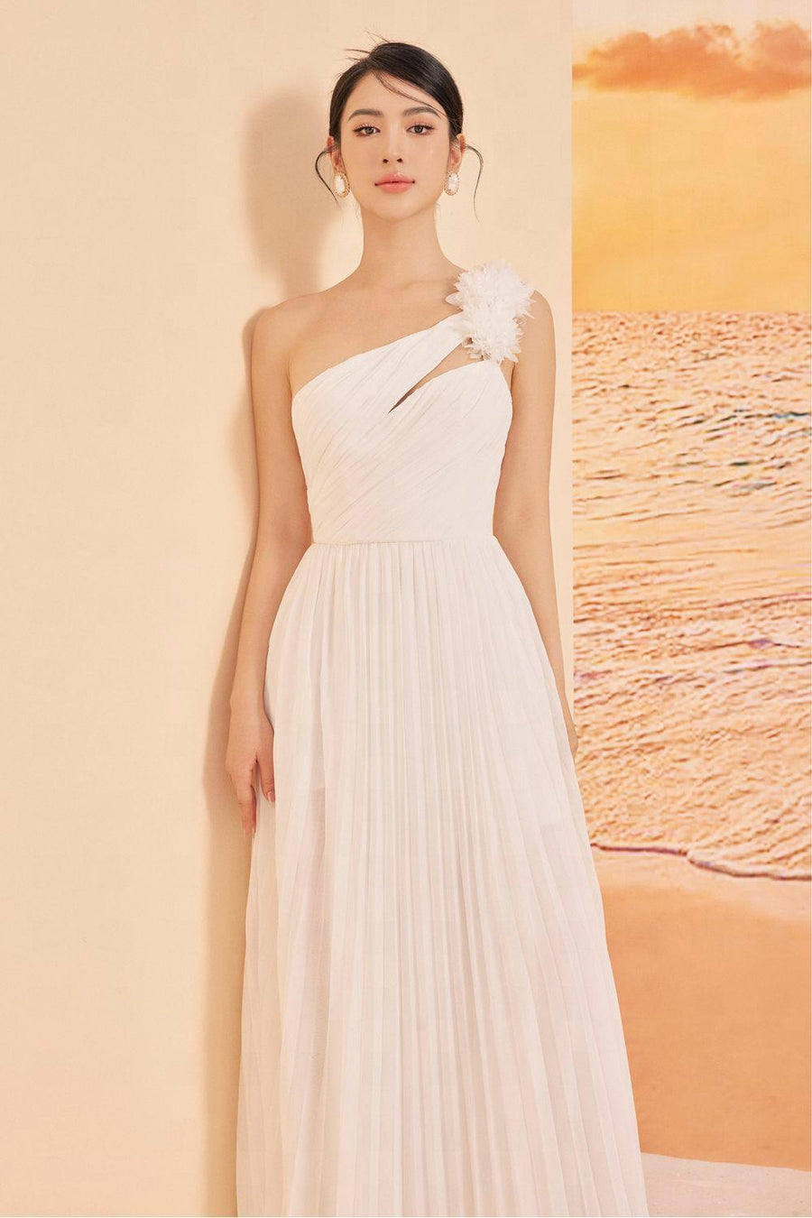 Jaylee Pleated Asymmetric Shoulder Chiffon Maxi Dress Maxi Dress 21Six