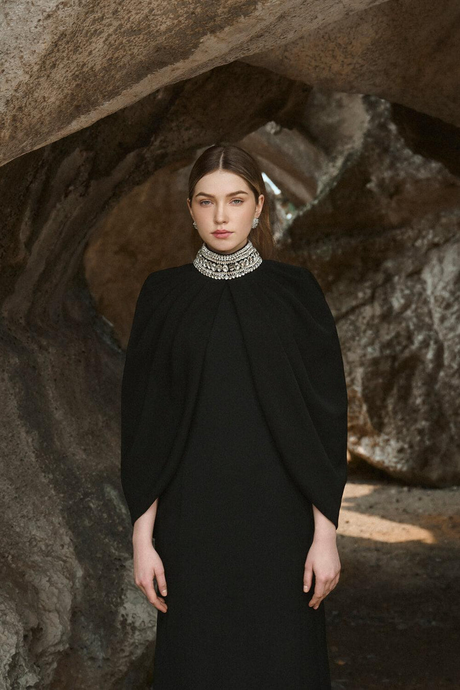 Jazlyn Sheath Cape Shoulder Satin Maxi Set 3