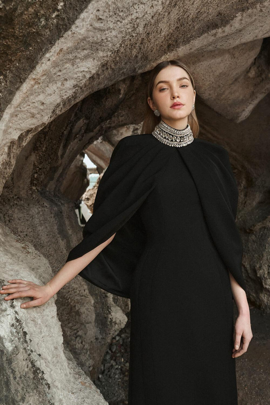 Jazlyn Sheath Cape Shoulder Satin Maxi Set 5
