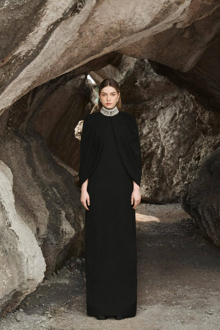 Jazlyn Sheath Cape Shoulder Satin Maxi Set 8