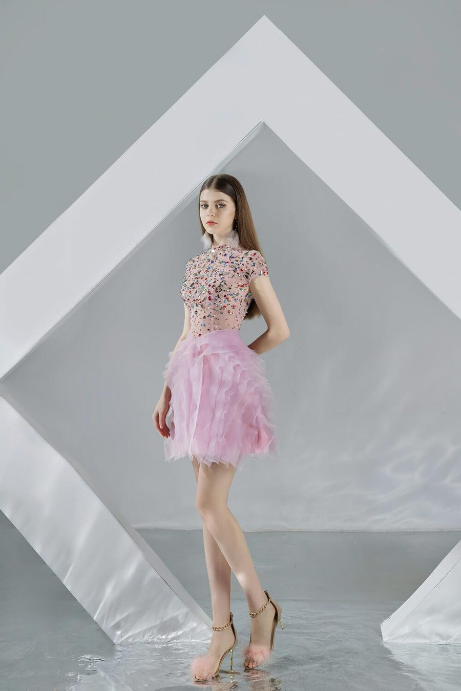 Jazmin A-line Short Sleeved Organza Mini Dress 6