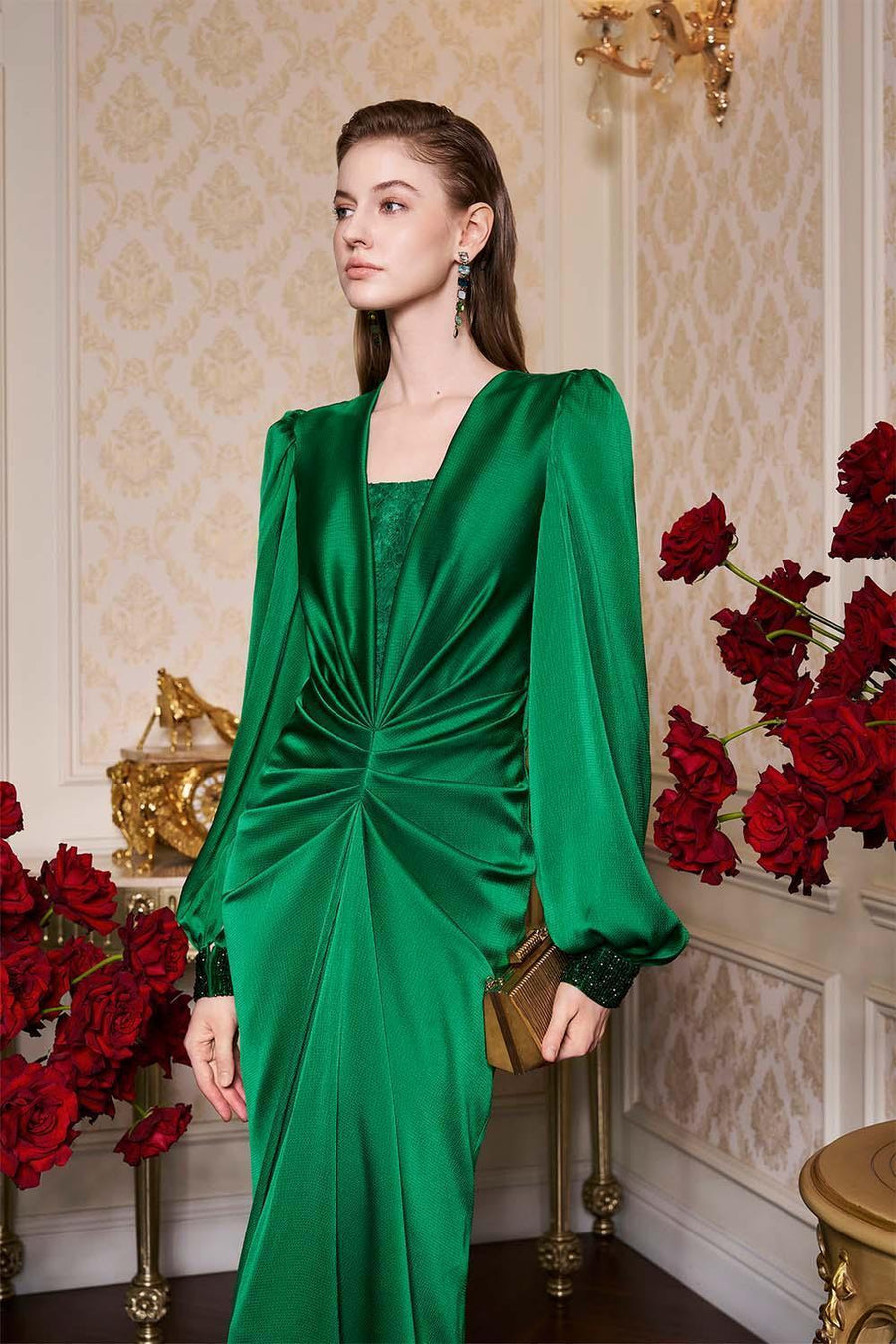 Jazmine Gathered Bouffant Sleeved Silk Lace Extra Long Length Dress Gown Dress I.H.F Atelier