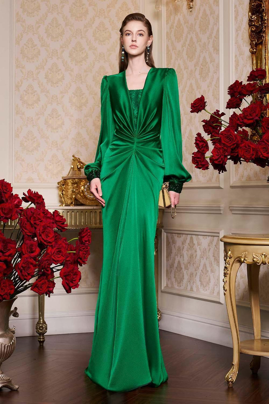 Jazmine Gathered Bouffant Sleeved Silk Lace Extra Long Length Dress Gown Dress I.H.F Atelier