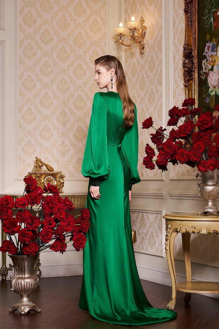 Jazmine Gathered Bouffant Sleeved Silk Lace Extra Long Length Dress Gown Dress I.H.F Atelier