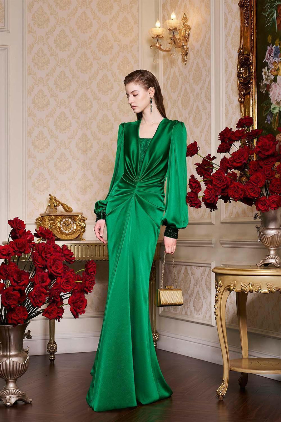 Jazmine Gathered Bouffant Sleeved Silk Lace Extra Long Length Dress Gown Dress I.H.F Atelier