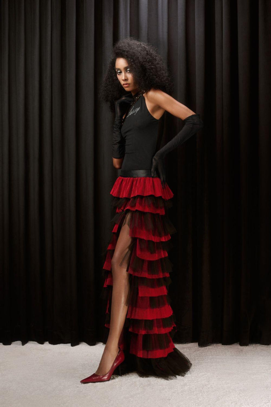 Jenesis Layered Side Slit Mesh Spandex Floor Length Skirt Red Skirt LASSY
