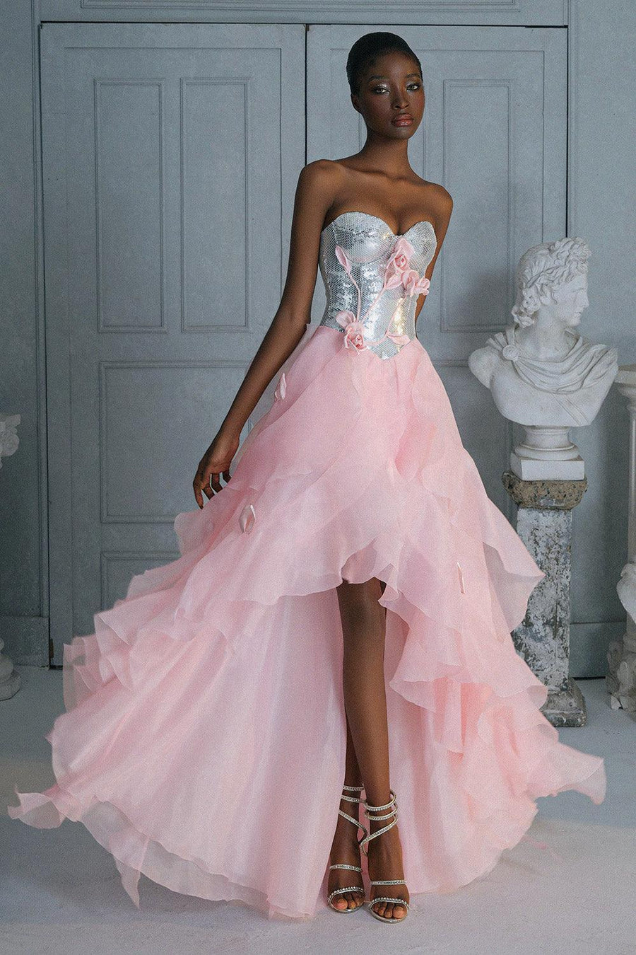 Jenifer Rose Asymmetric Sweetheart Neck Organza Voile High-low Dress 1
