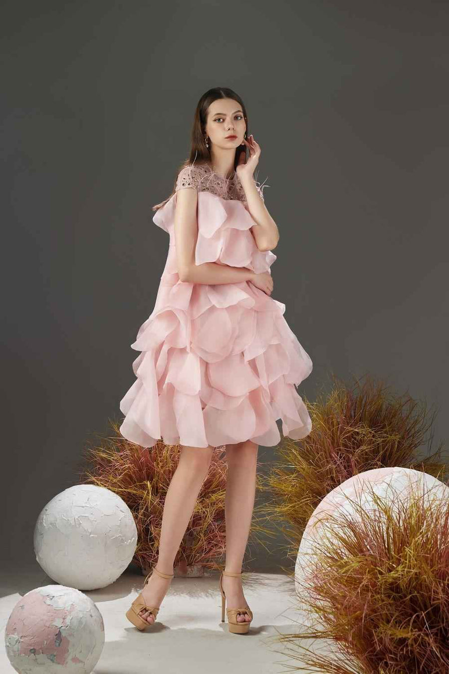 Jenny Layered Round Neck Organza Knee-length Dress