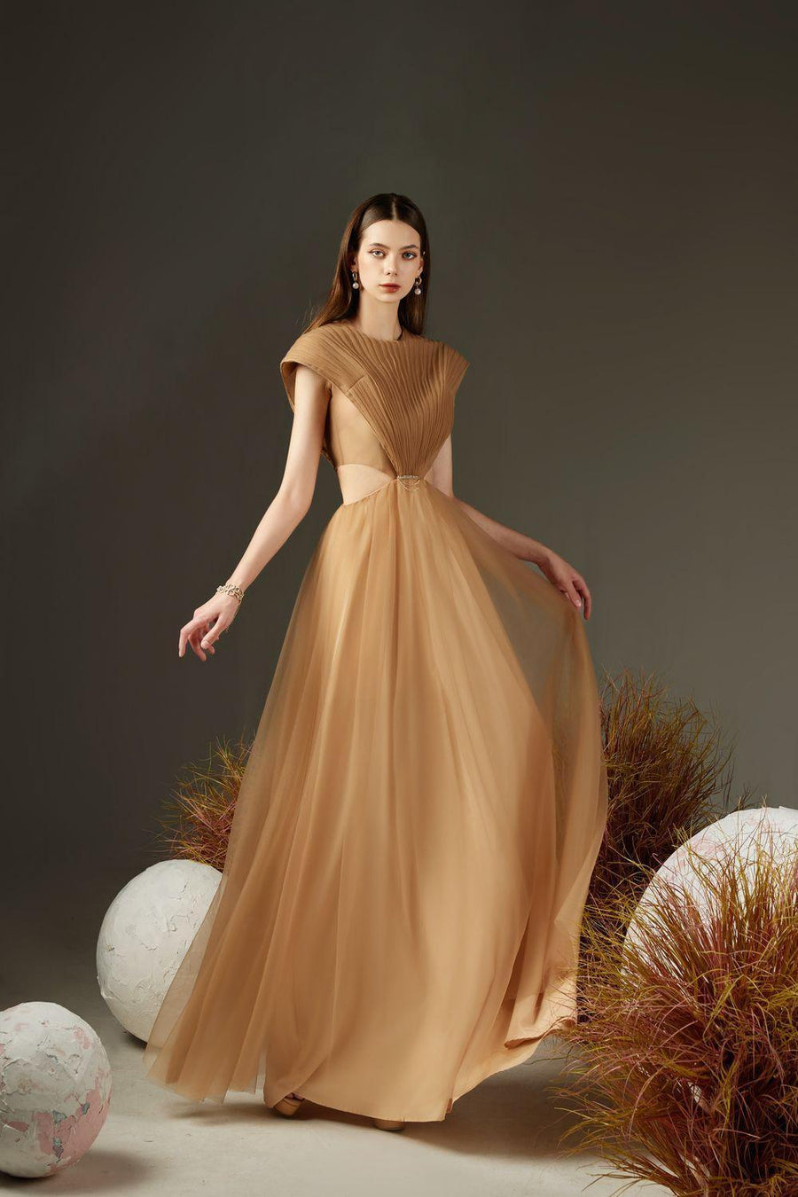 Jensen Pleated Cut-Out Organza Maxi Dress 5