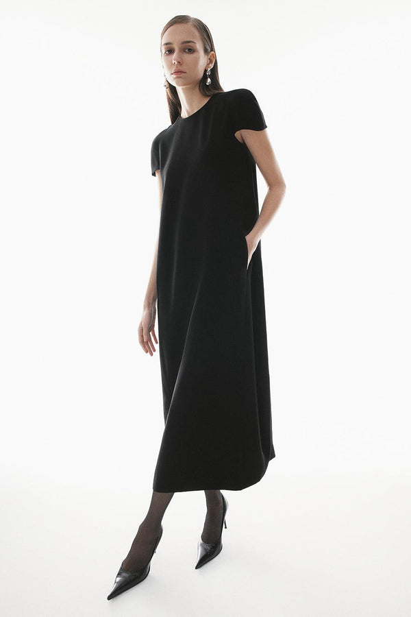 Jezebel Cocoon Round Neck Crepe Calf Length Dress