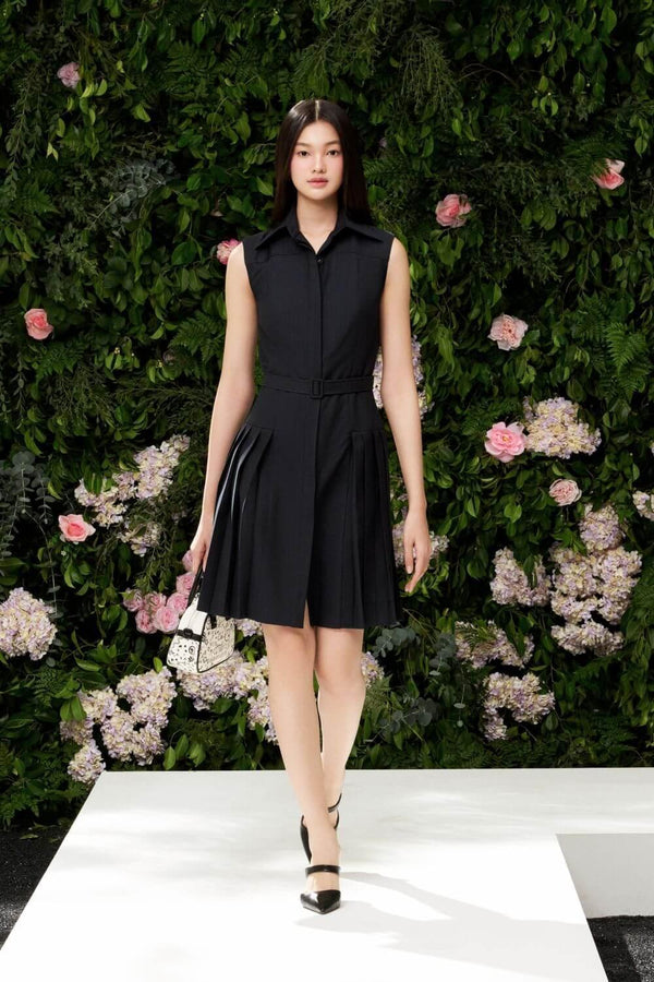 Joanna Pleated Folded Collar Wool Above The Knee Dress