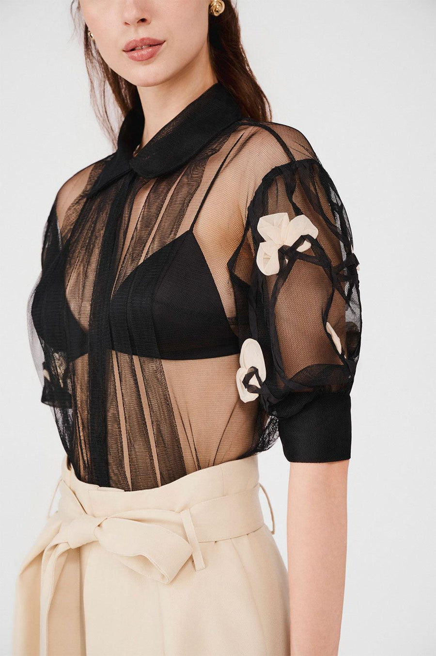 Jocelyn Pleated See-Through Mesh Sheer Shirt 2