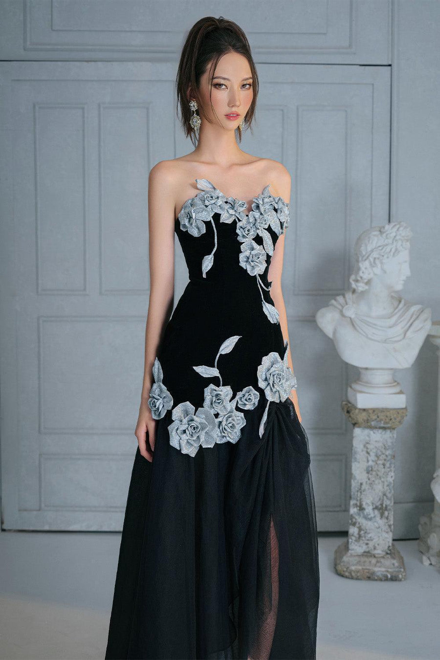 Joli Rose Drop Waist Flower Applique Velvet Ankle Length Dress 4