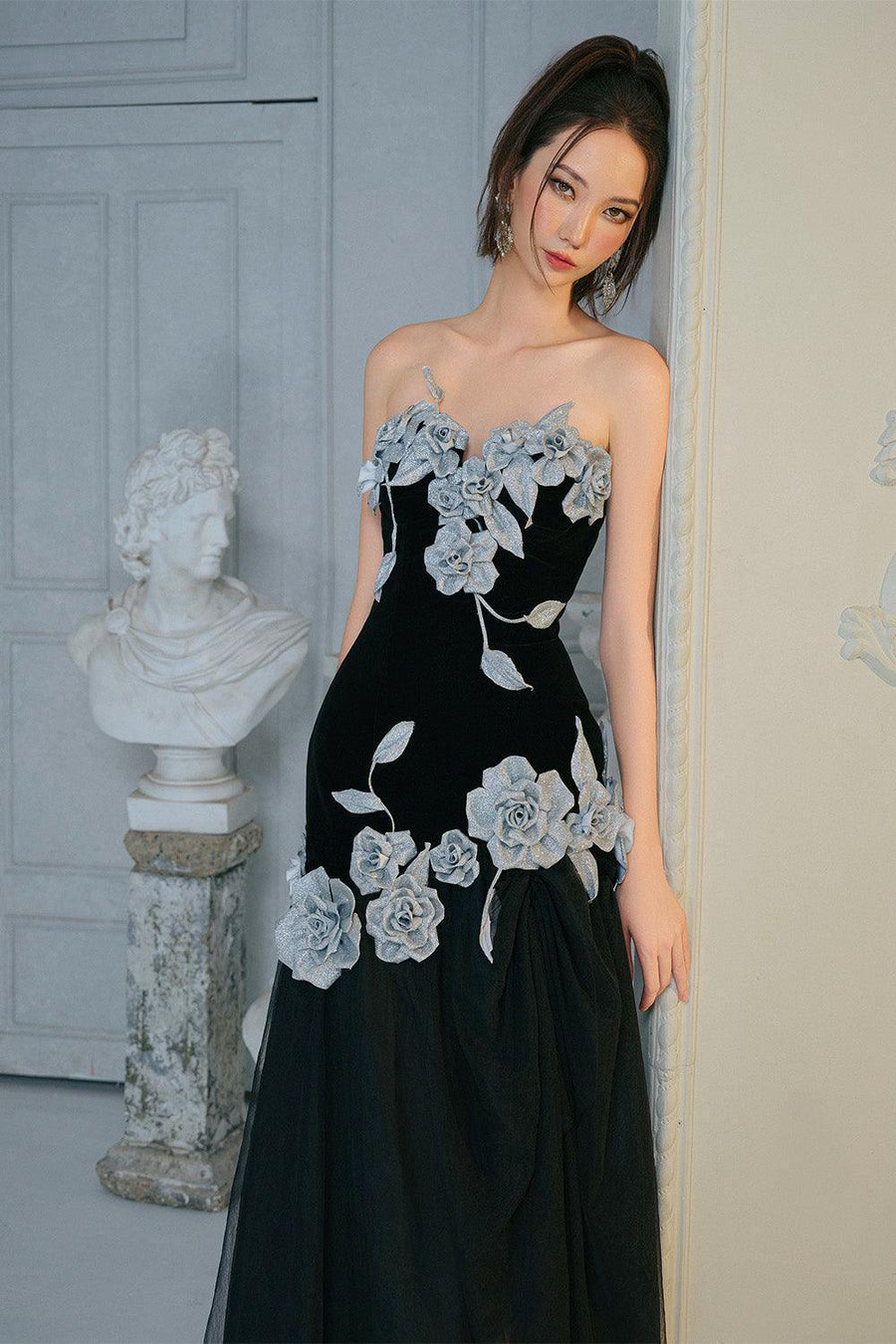 Joli Rose Drop Waist Flower Applique Velvet Ankle Length Dress 6