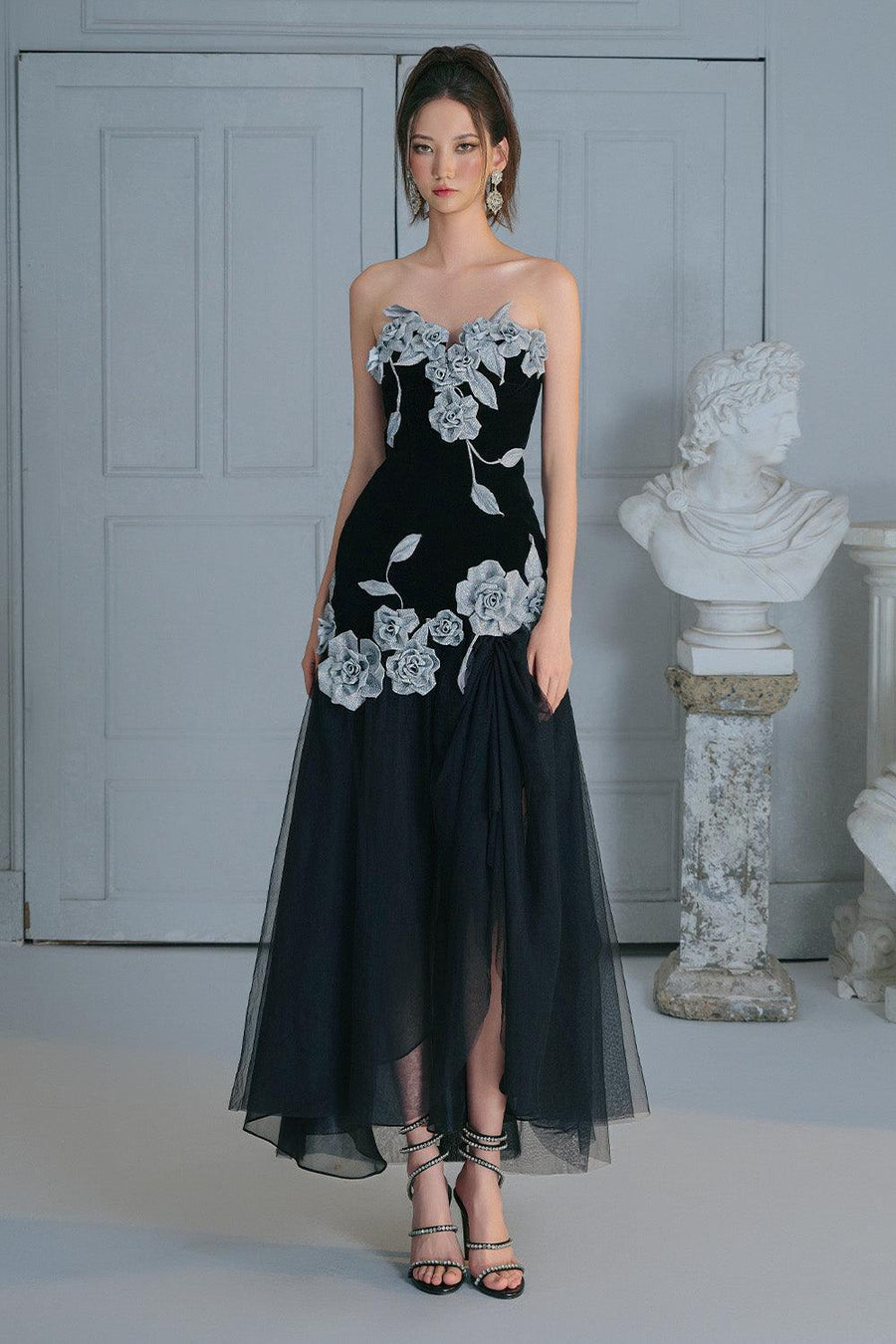 Joli Rose Drop Waist Flower Applique Velvet Ankle Length Dress 7