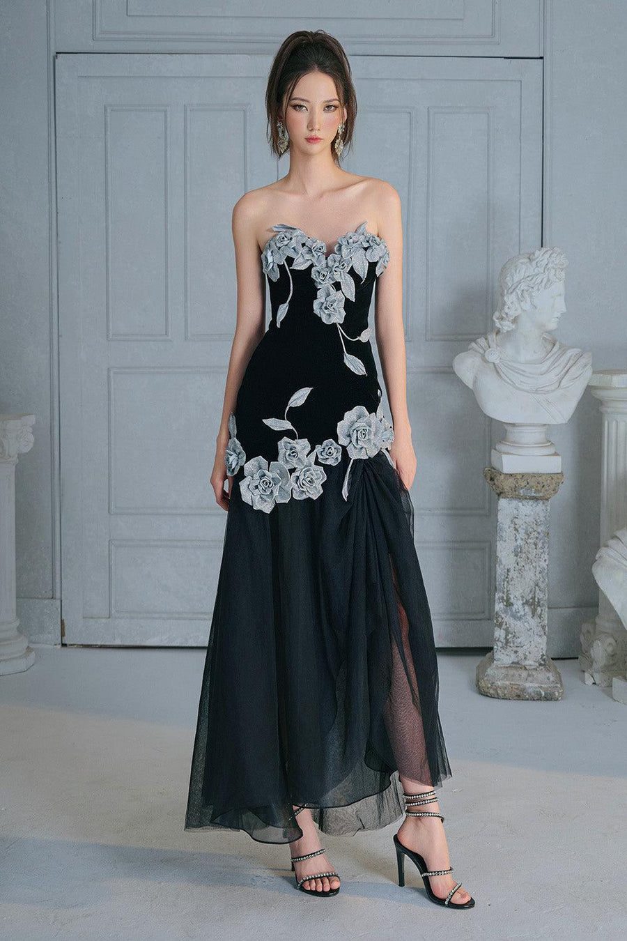 Joli Rose Drop Waist Flower Applique Velvet Ankle Length Dress 8