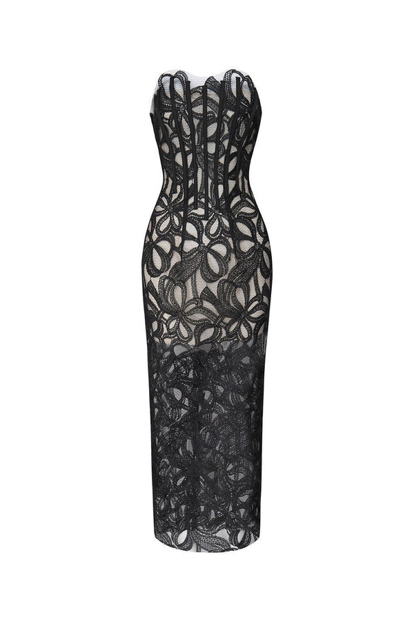 Jolie Strapless See-Through Lace Midi Dress Midi Dress LASSY