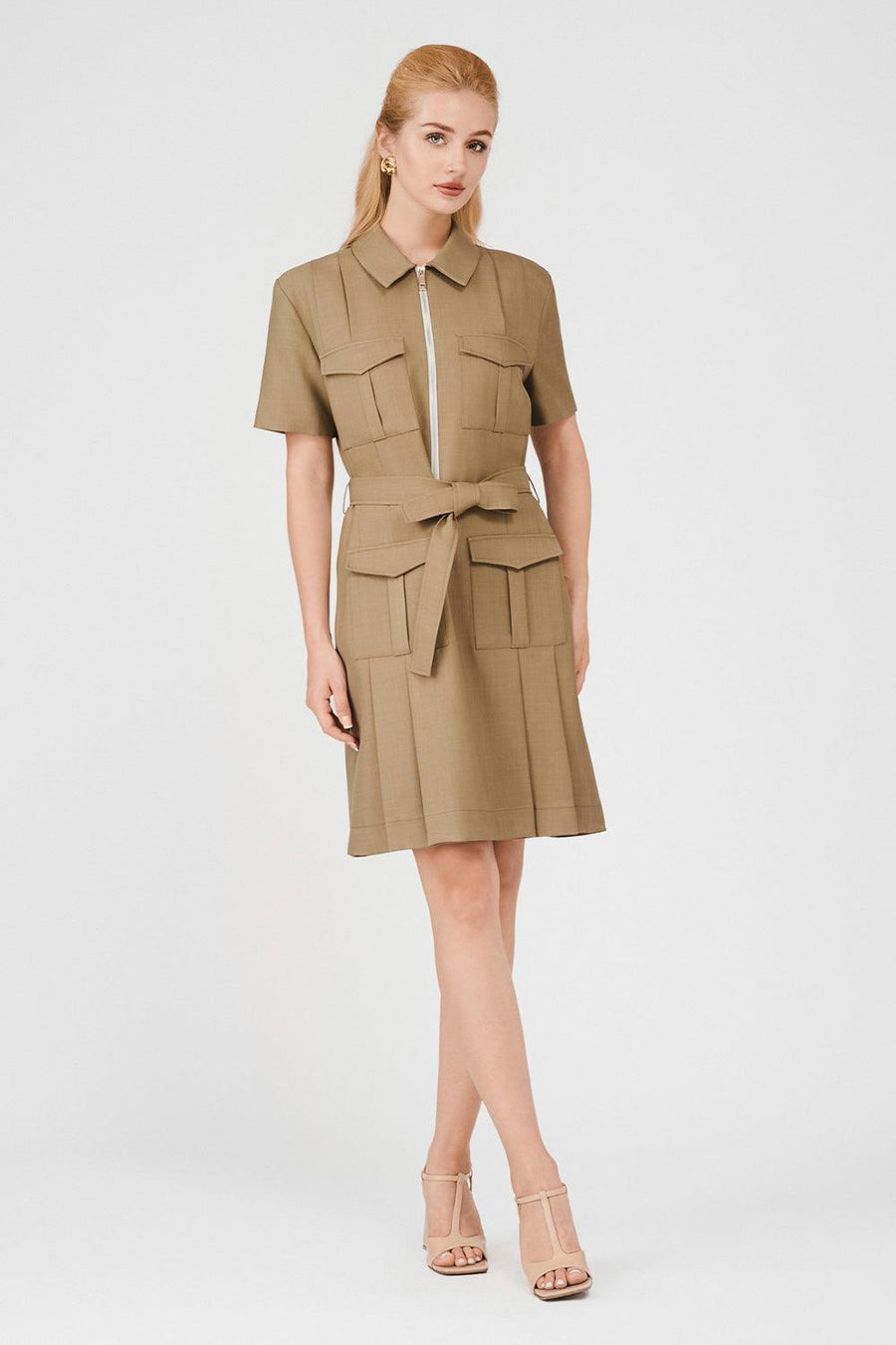 Jordan A-line Side Pleated Khaki Mini Dress 4