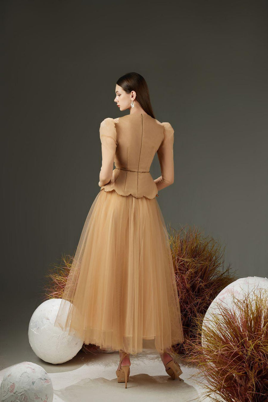 Josie Peplum Leg Of Mutton Sleeved Taffeta Maxi Dress 4