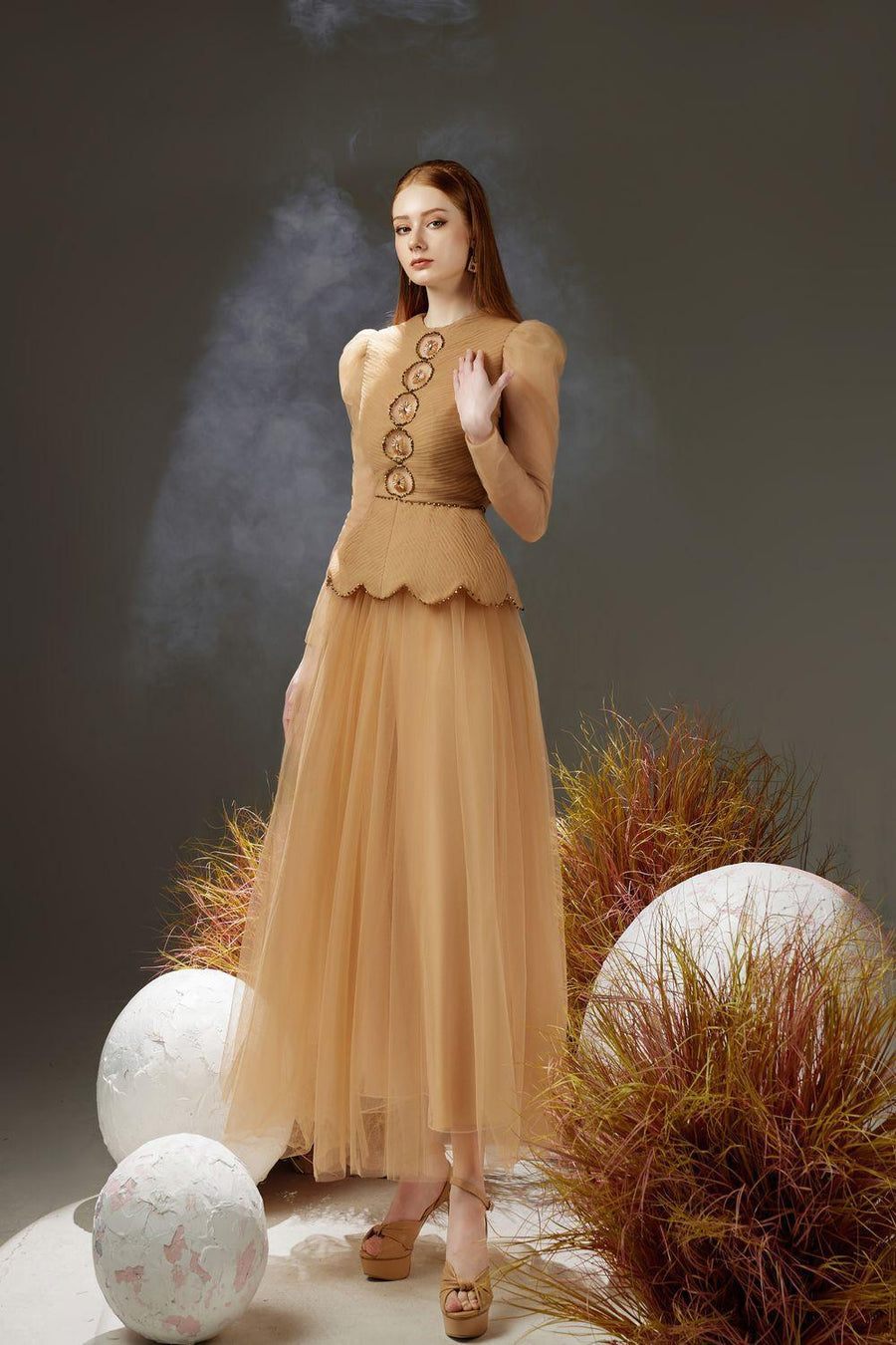 Josie Peplum Leg Of Mutton Sleeved Taffeta Maxi Dress 5