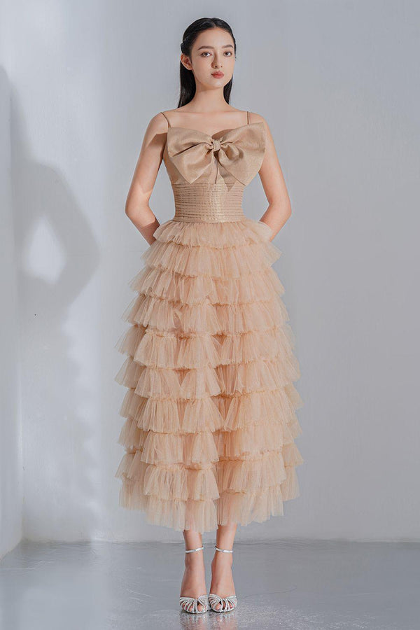 Jovien Layered Square Neck Tulle Ankle Length Dress