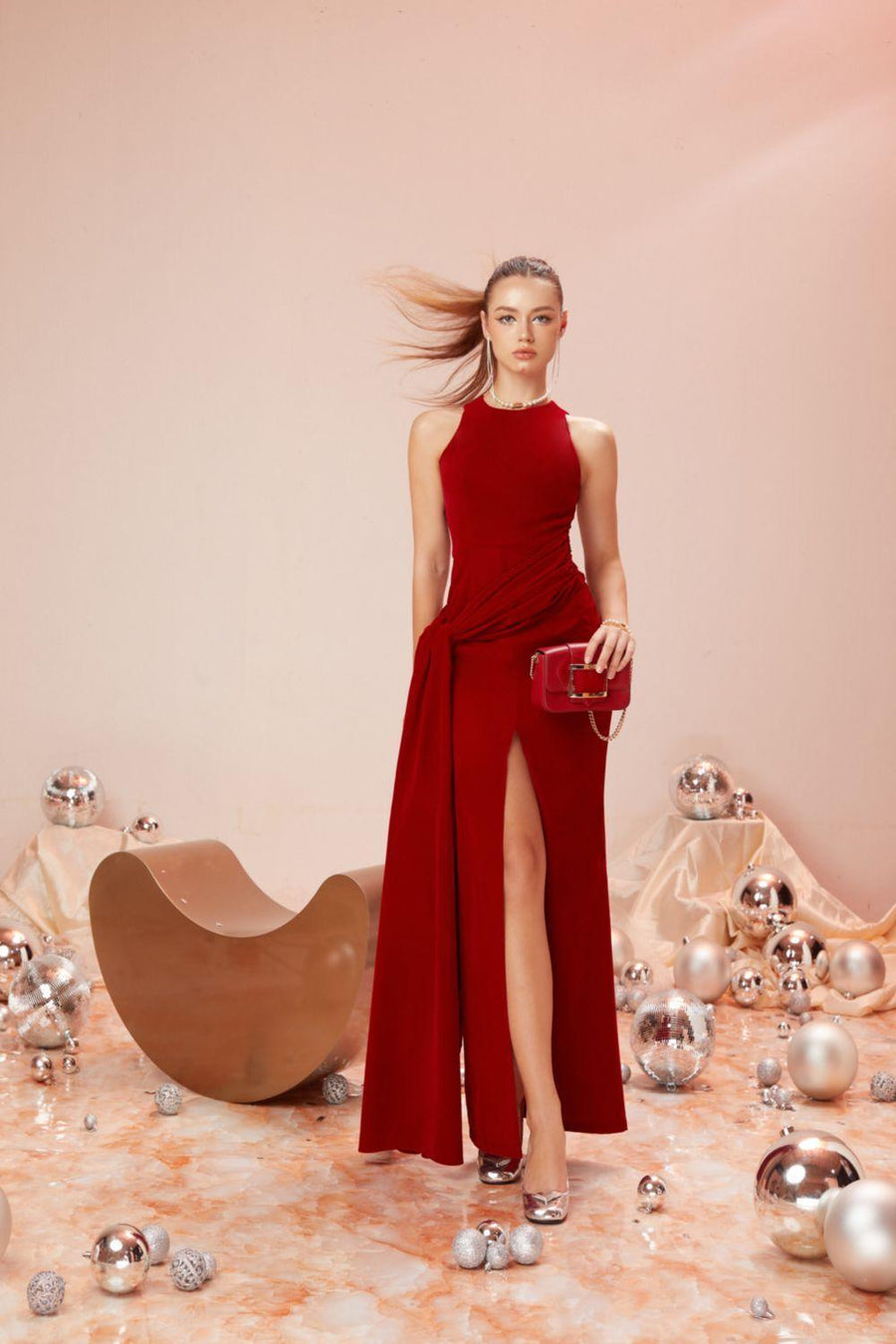 Joyeux Slit Round Neck Cotton Velvet Floor Length Dress 4