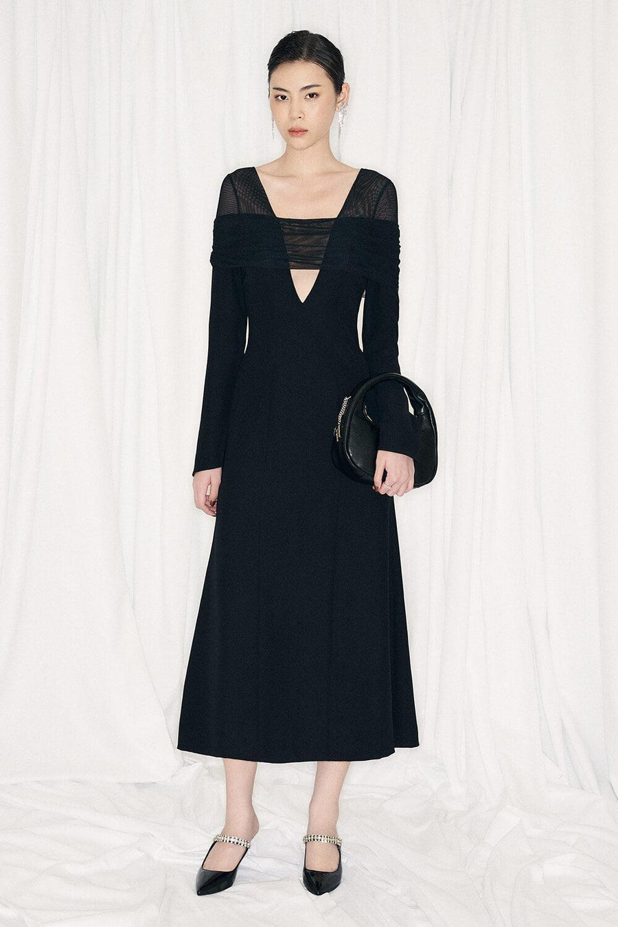 Jream Sheath Long Sleeved Satin Crepe Midi Dress Midi Dress Lecia RTW