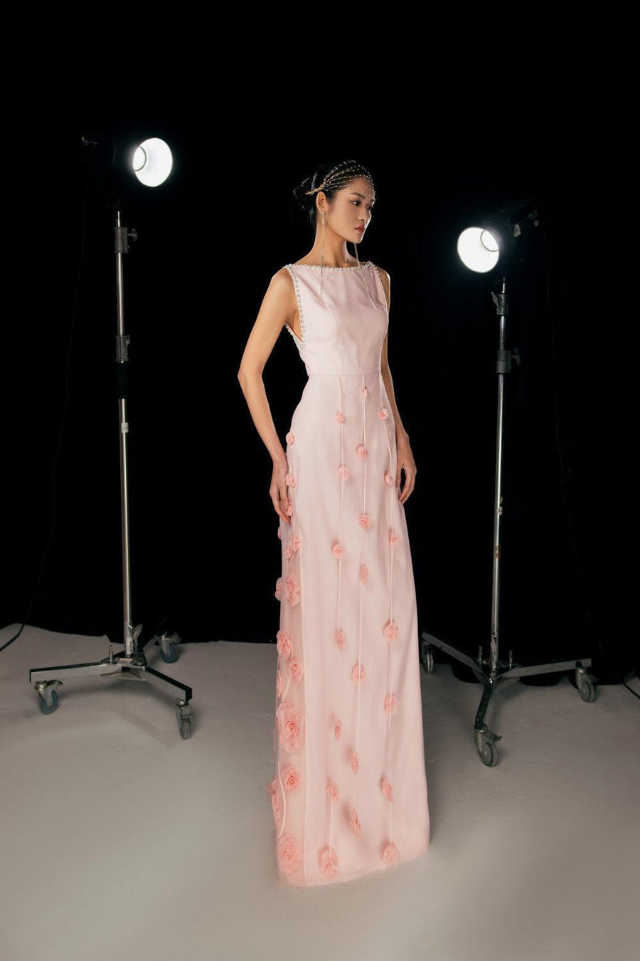 Juarez A-line Boat Neck Mesh Silk Floor Length Dress 4