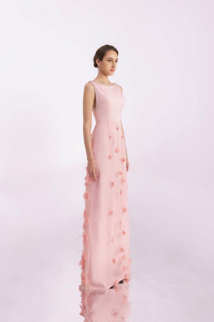 Juarez A-line Boat Neck Mesh Silk Floor Length Dress 6