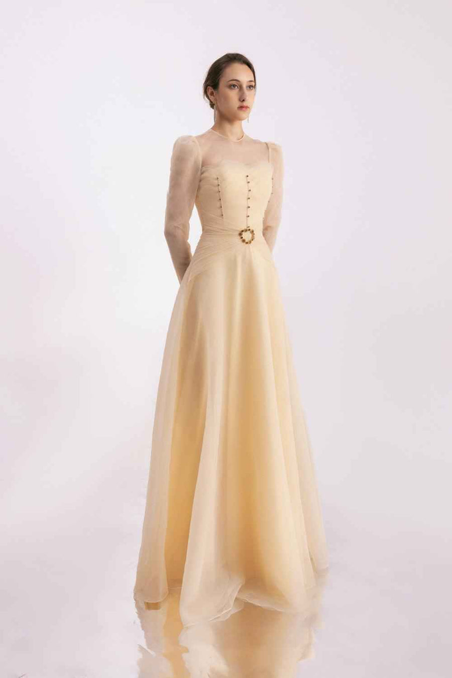 Judith A-line Draped Mesh Silk Floor Length Dress