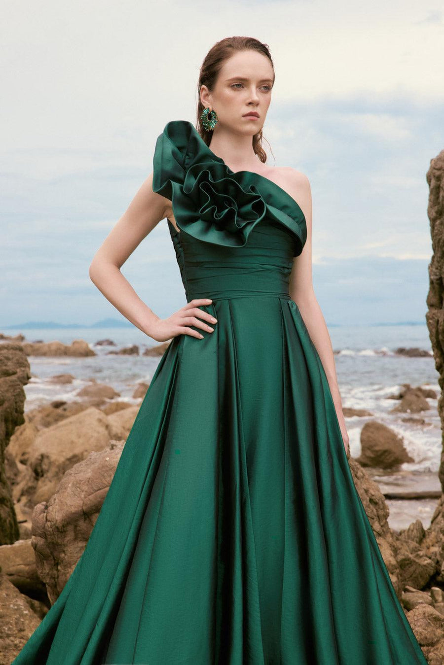 Julieta Fit and Flare One Shoulder Silk Taffeta Floor Length Dress Gown Dress 21Six