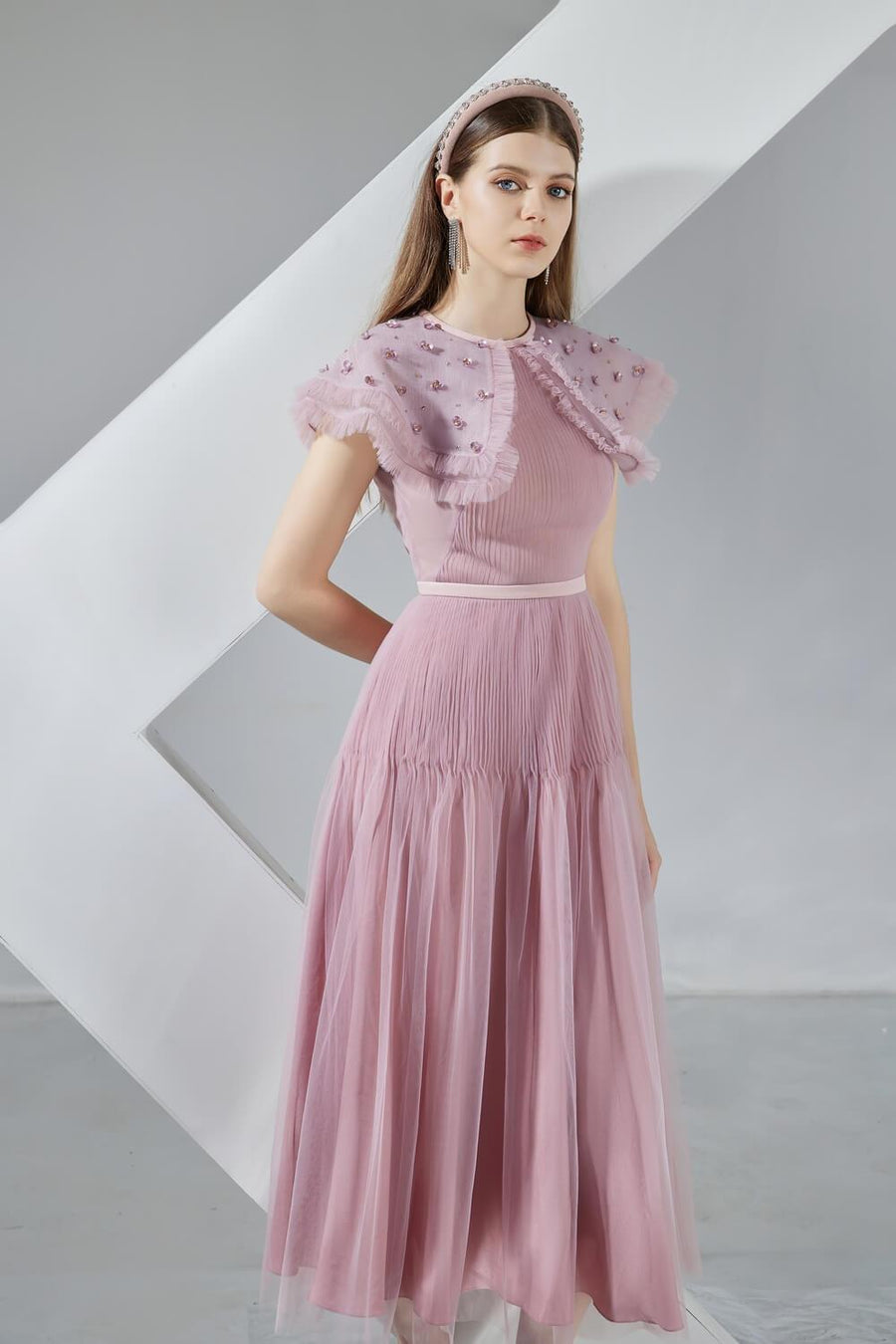 Jully Gathered Round Neck Organza Midi Dress 2