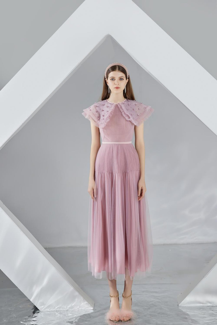 Jully Gathered Round Neck Organza Midi Dress 6