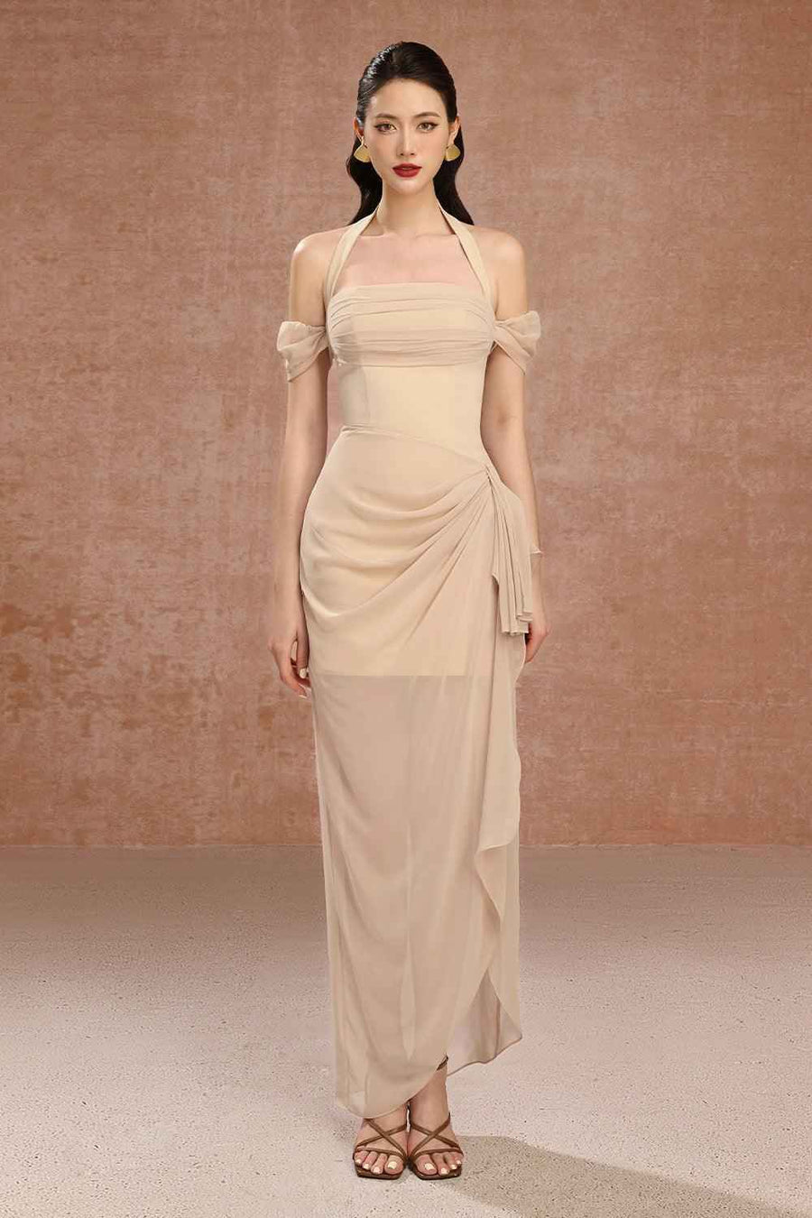 June Halter Cold Shoulder Sleeved Twill Ankle Length Dress